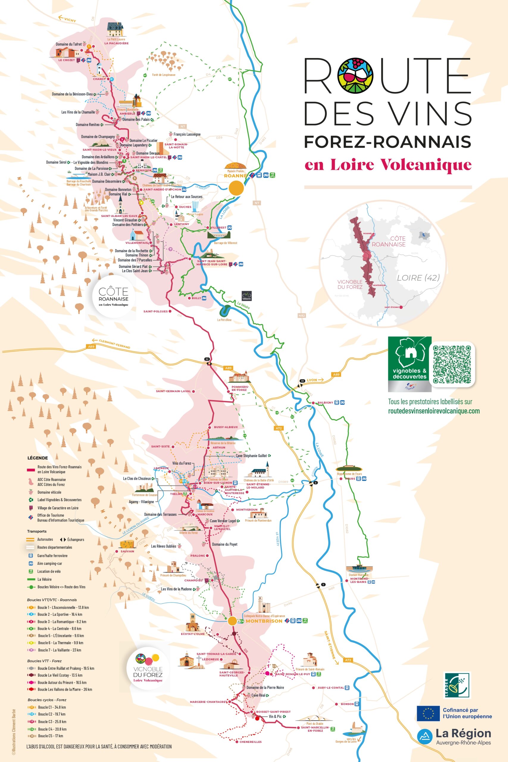 Carte de la Route des Vins Forez-Roannais en Loire Volcanique